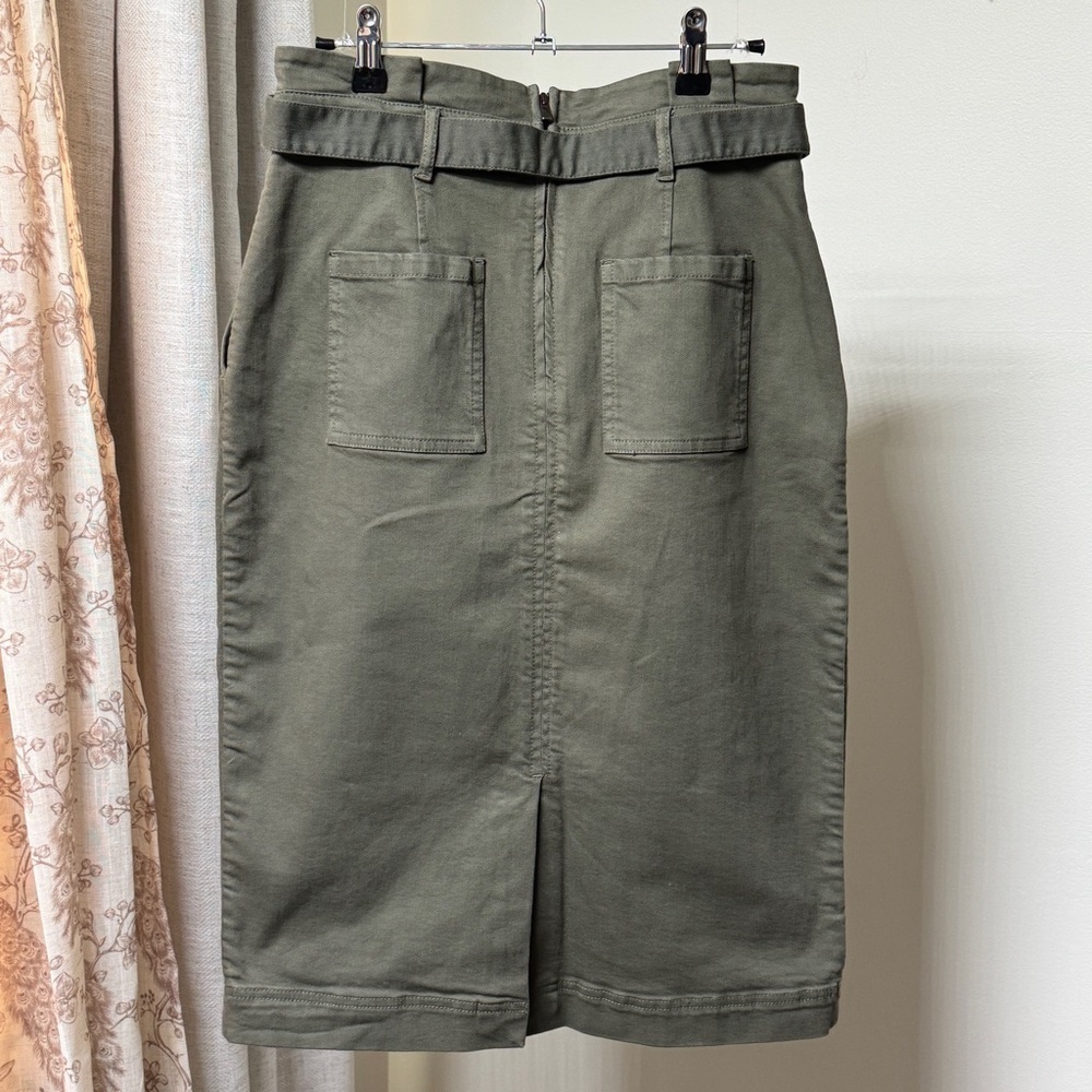 {Banana Republic} Army Green Paperbag Waist Midi Pencil Stretch Denim Skirt - Picture 3 of 6